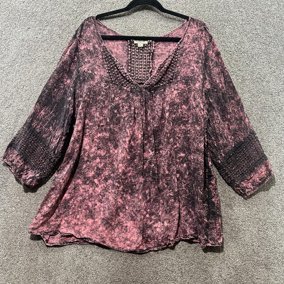 One World Blouse Top Women 2X Tie Dye Knit Pink Black 3/4 Sleeve Pullover V Neck - Picture 1 of 12